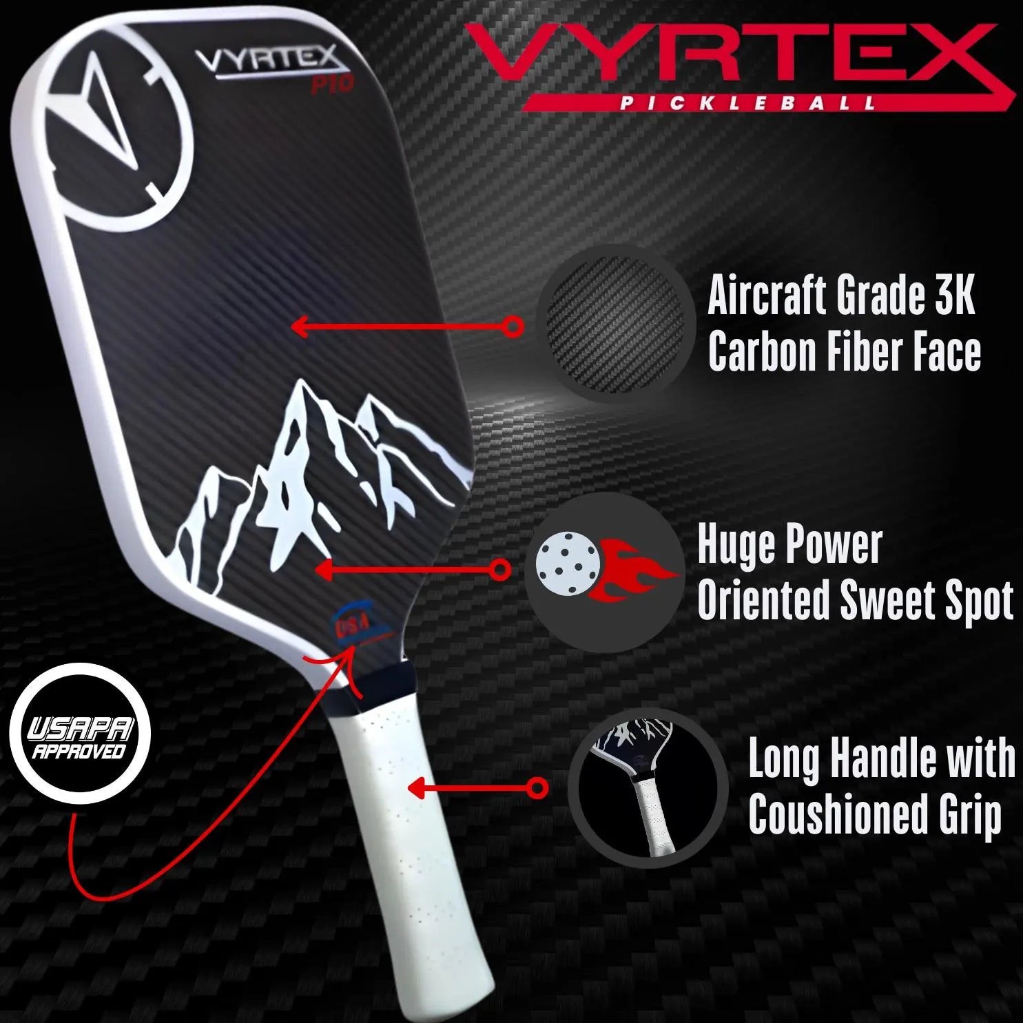 Carbon Fiber Pickleball Paddle Vyrtex P10-Vyrtex Pickleball